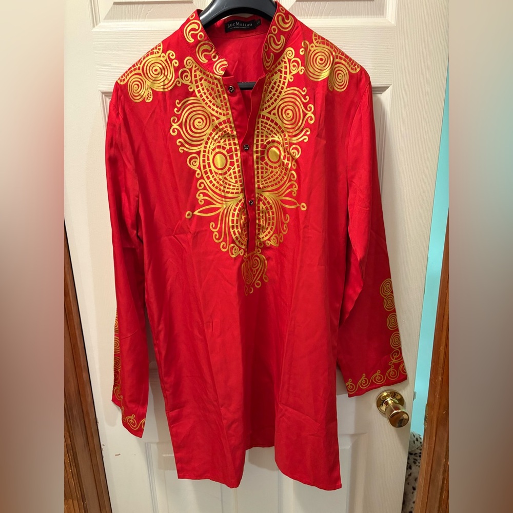 Luc Matton Men's Traditional African Long Sleeve, Large Red & Gold
